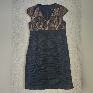 Scarlet Nite Black Tan V Neck Sheer Formal Ruffle Sheath Missy Dress 8